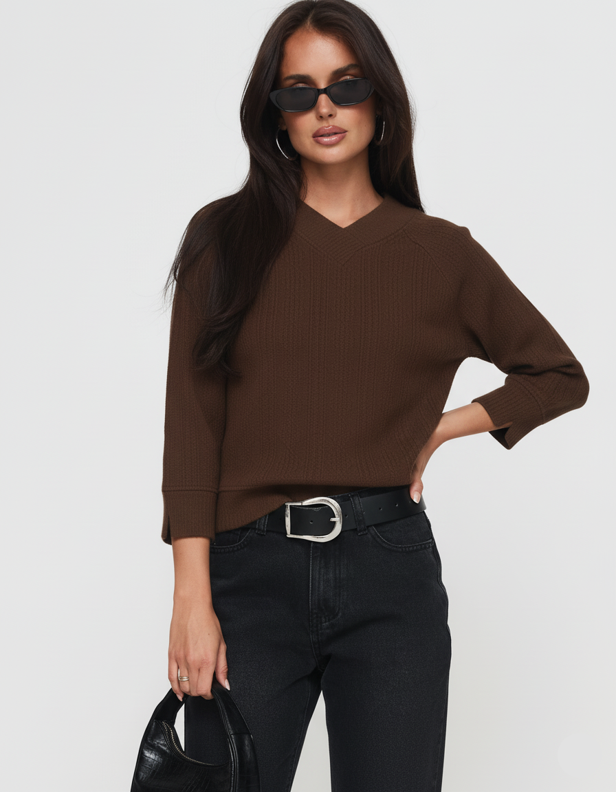 Textured Knit V-Neck Top Brown