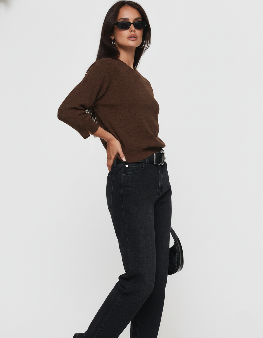 Textured Knit V-Neck Top Brown