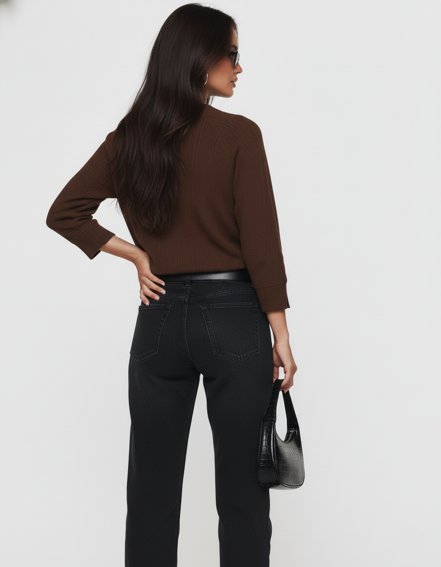 Textured Knit V-Neck Top Brown