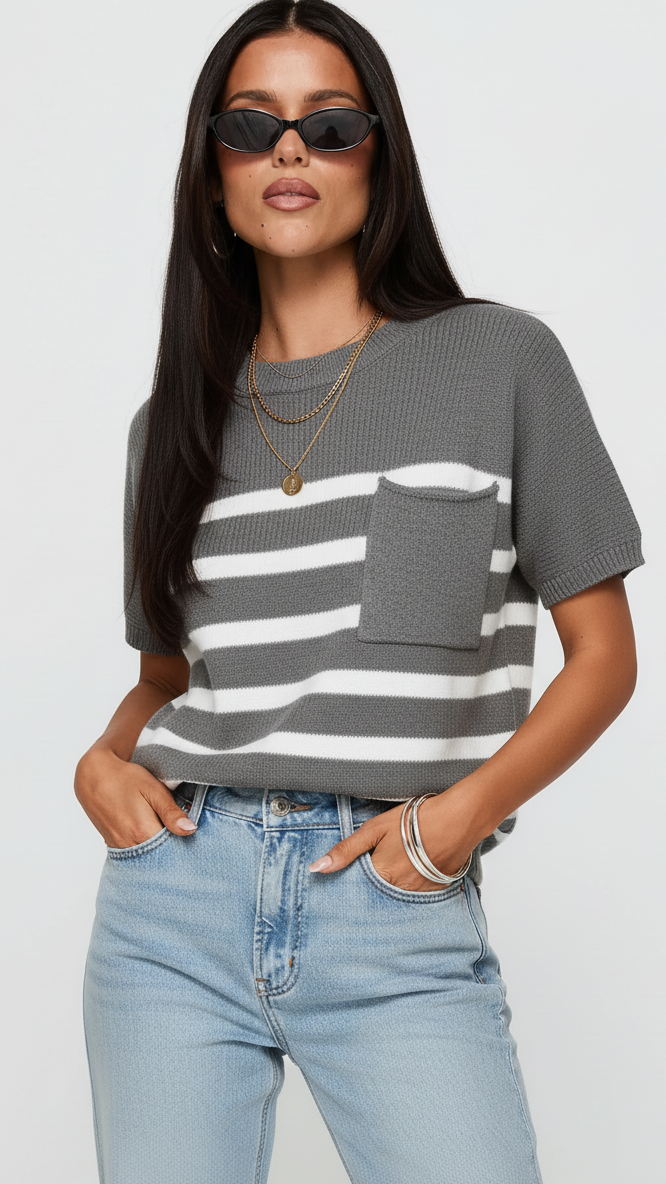 Striped Round Neck Short Sleeve Sweater