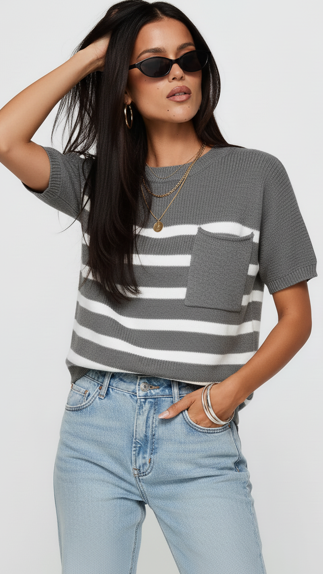 Striped Round Neck Short Sleeve Sweater