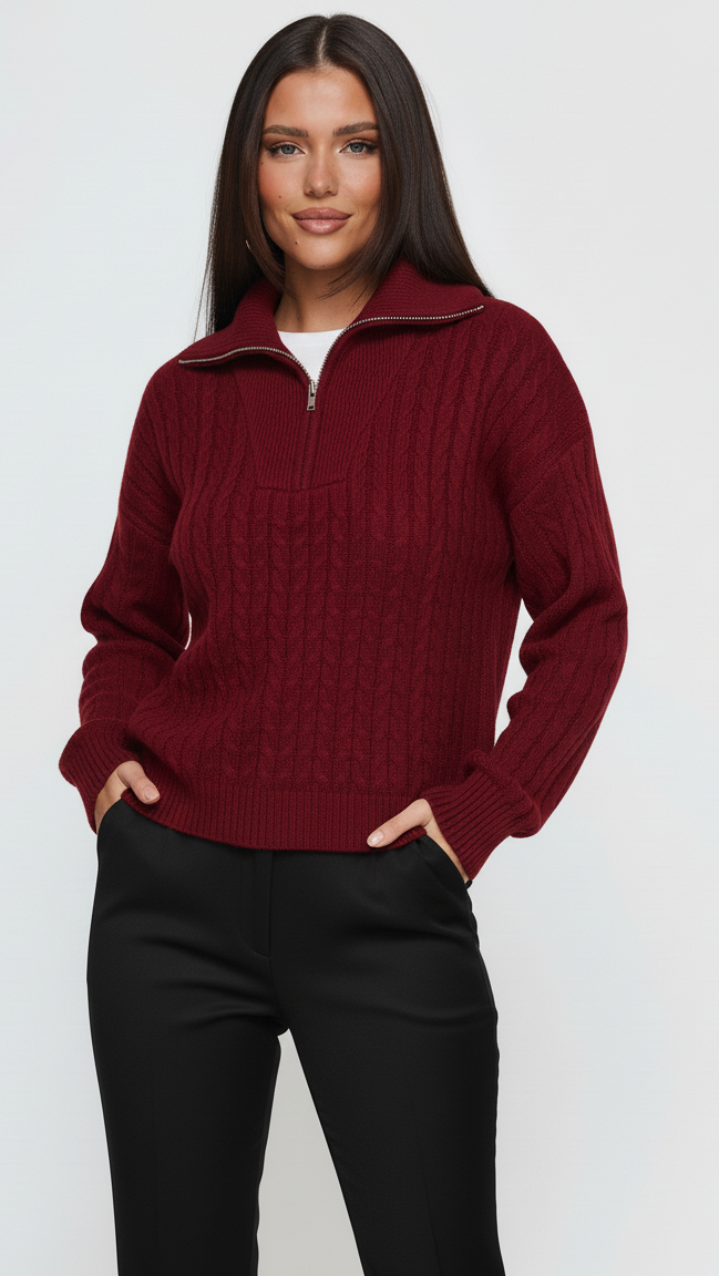 Zip Collar Cable-Knit Sweater