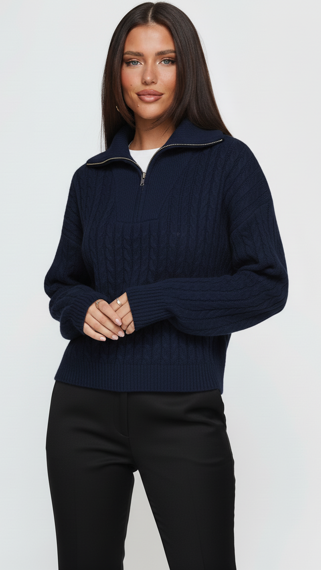 Zip Collar Cable-Knit Sweater