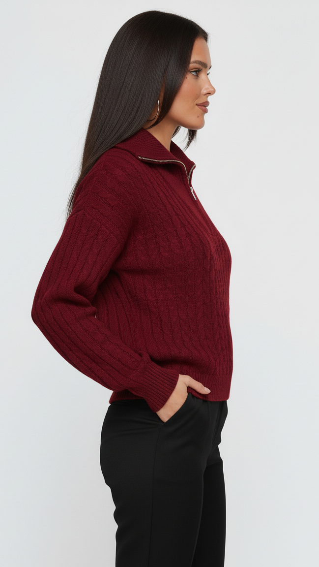 Zip Collar Cable-Knit Sweater