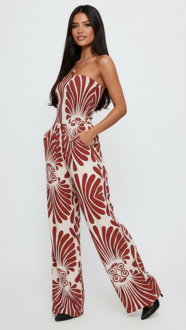 Printed Smocked Tube Wide Leg Jumpsuit