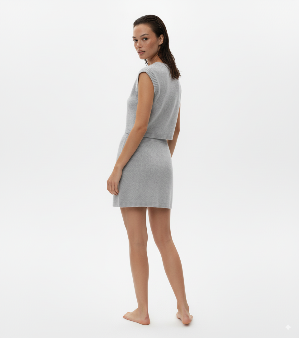 V-Neck Vest and Skirt Knit Set