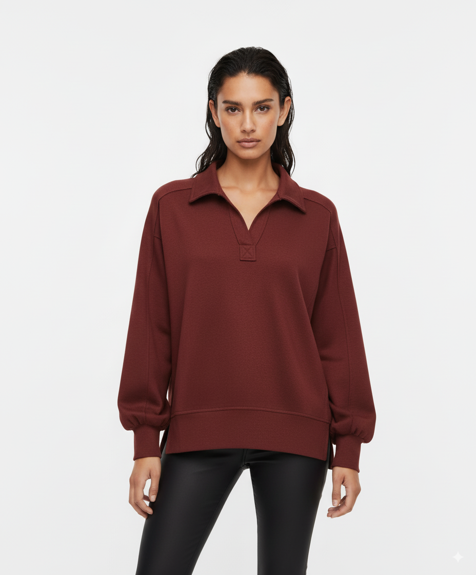 Umgee Exposed Seam Long Sleeve Polo Top with Side Slit