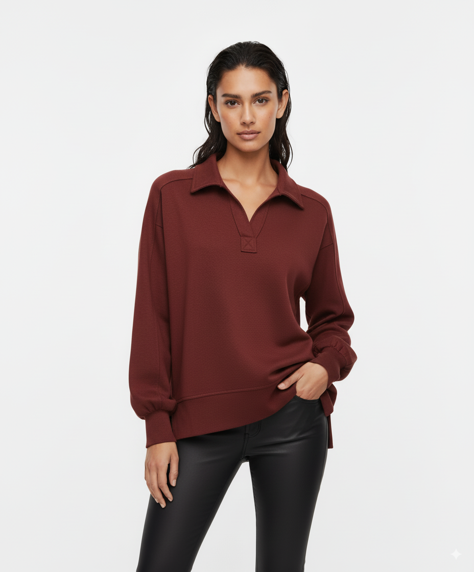 Umgee Exposed Seam Long Sleeve Polo Top with Side Slit