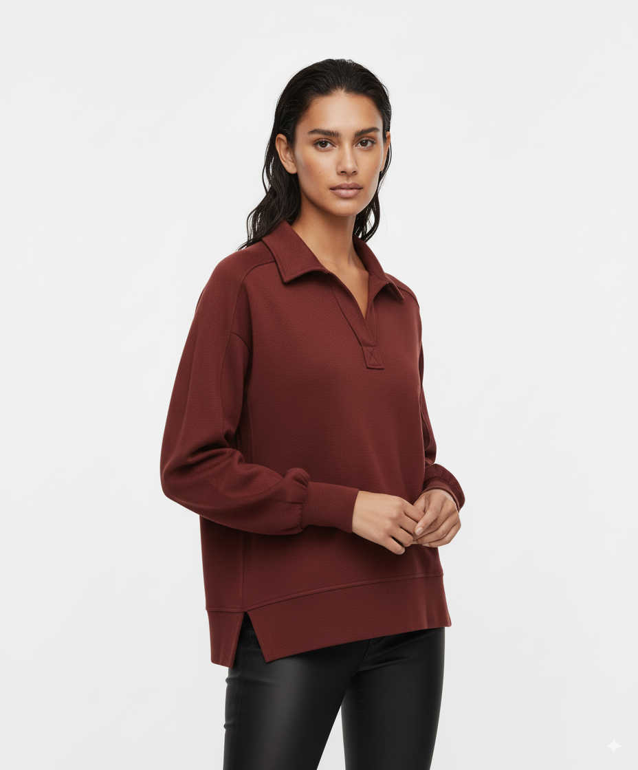 Umgee Exposed Seam Long Sleeve Polo Top with Side Slit