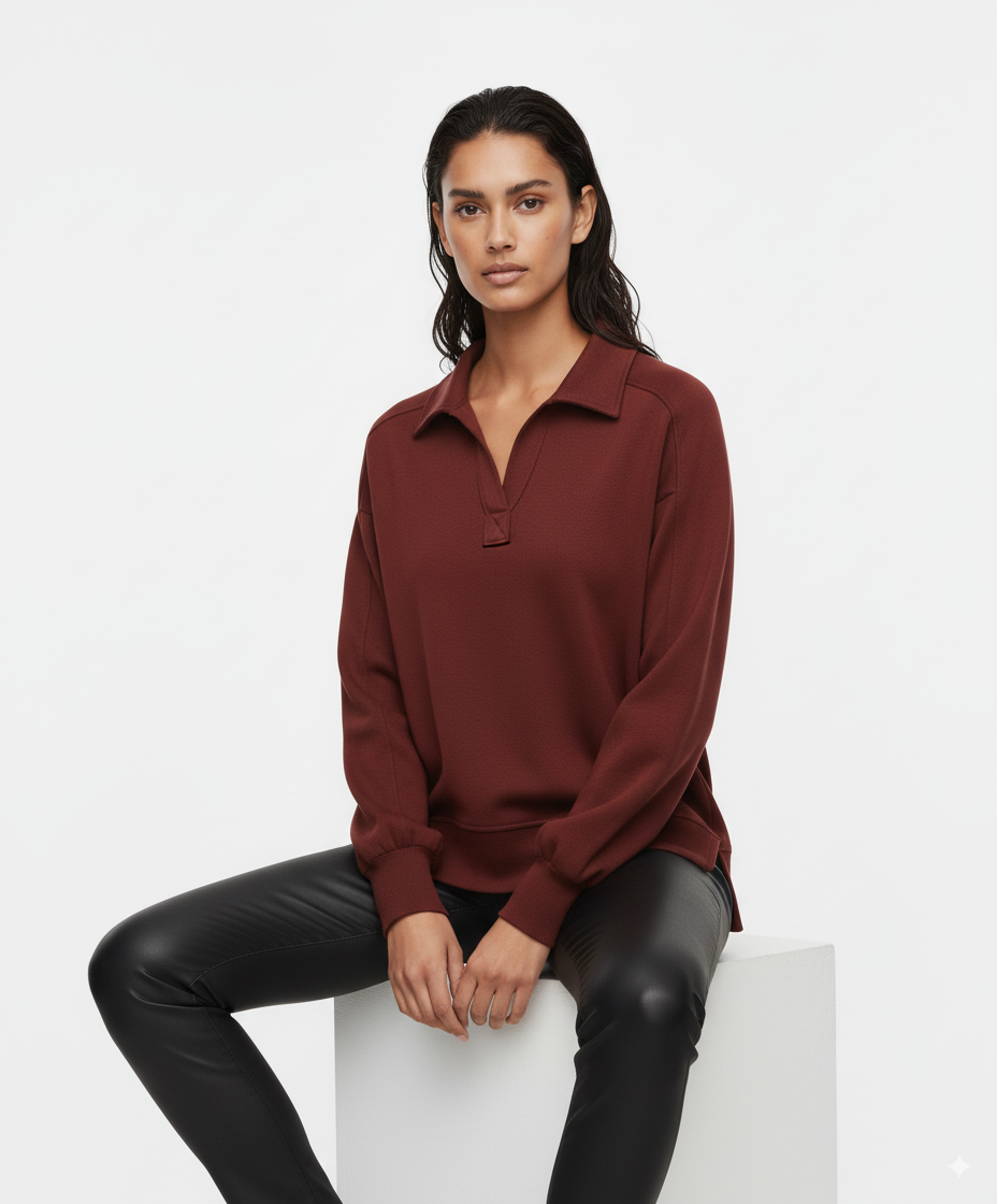 Umgee Exposed Seam Long Sleeve Polo Top with Side Slit
