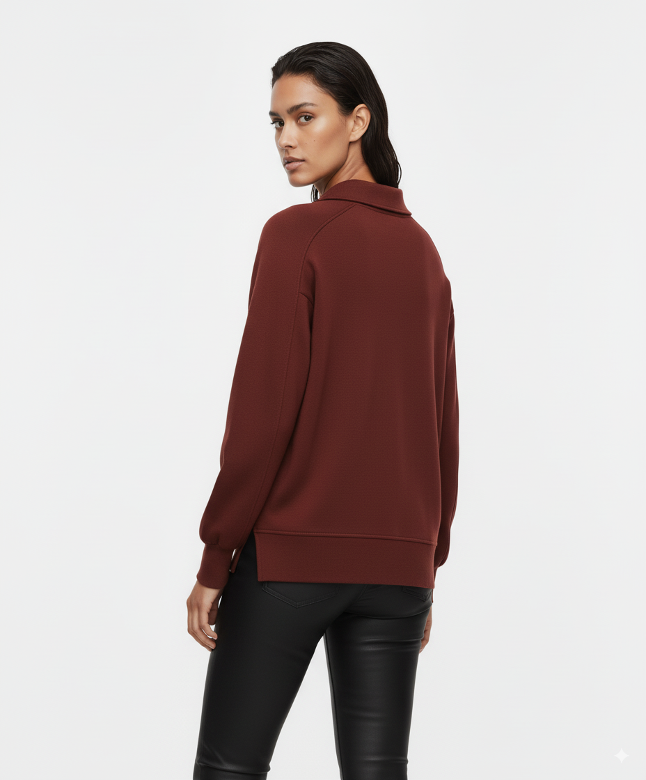 Umgee Exposed Seam Long Sleeve Polo Top with Side Slit