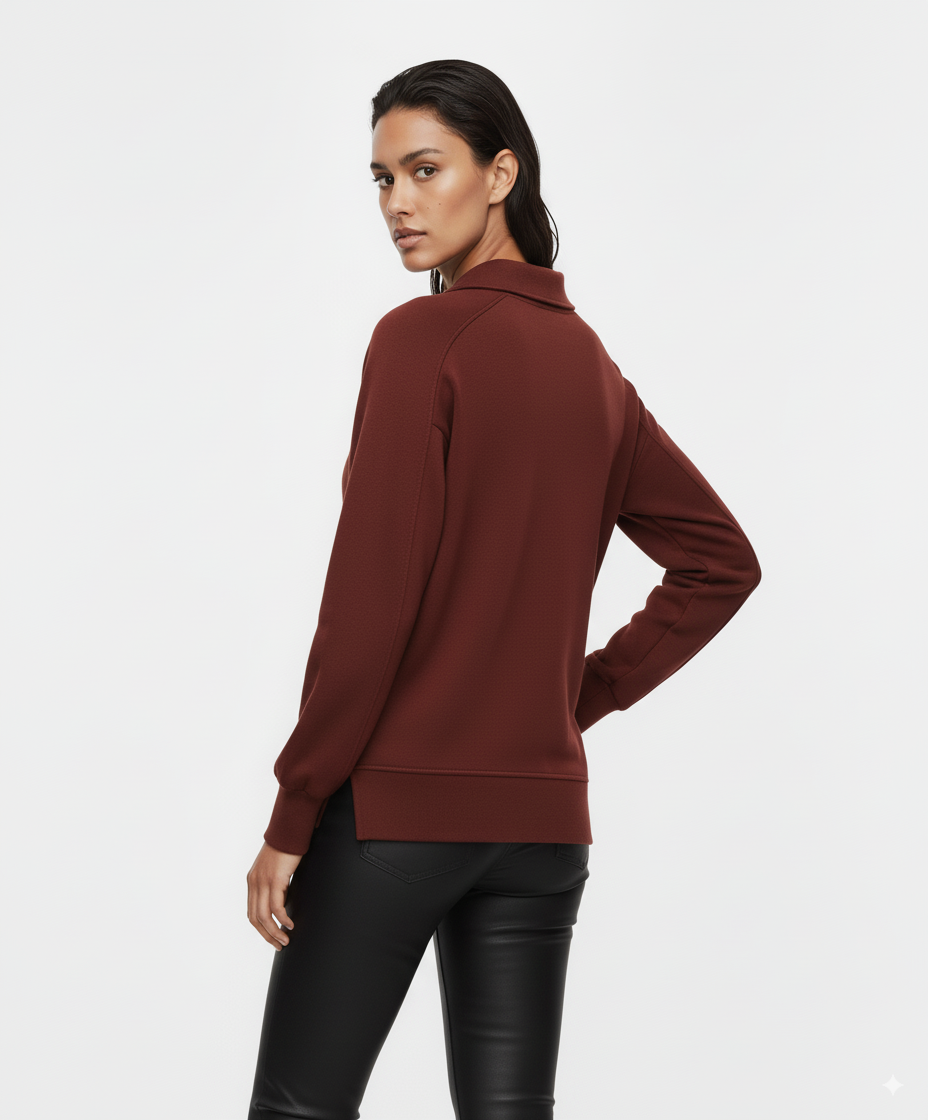 Umgee Exposed Seam Long Sleeve Polo Top with Side Slit