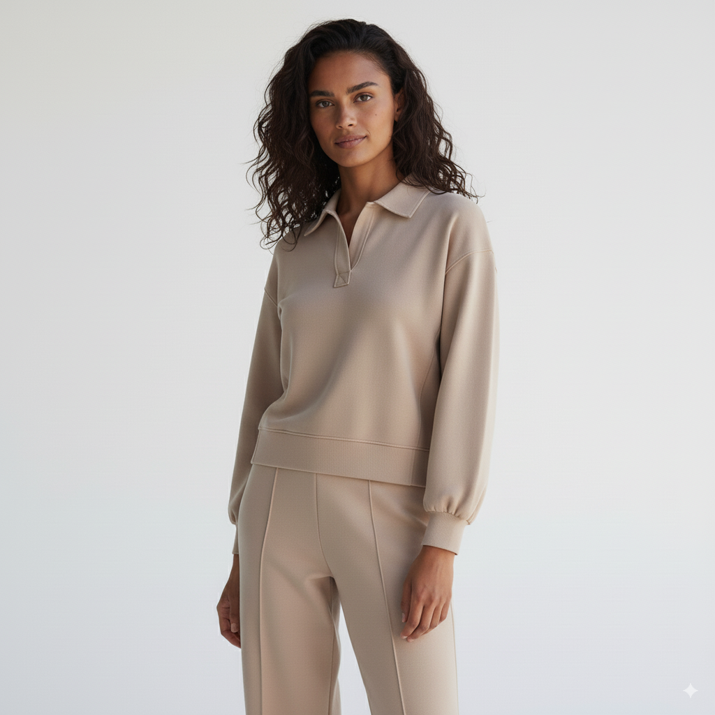 Umgee Exposed Seam Long Sleeve Polo Top with Side Slit