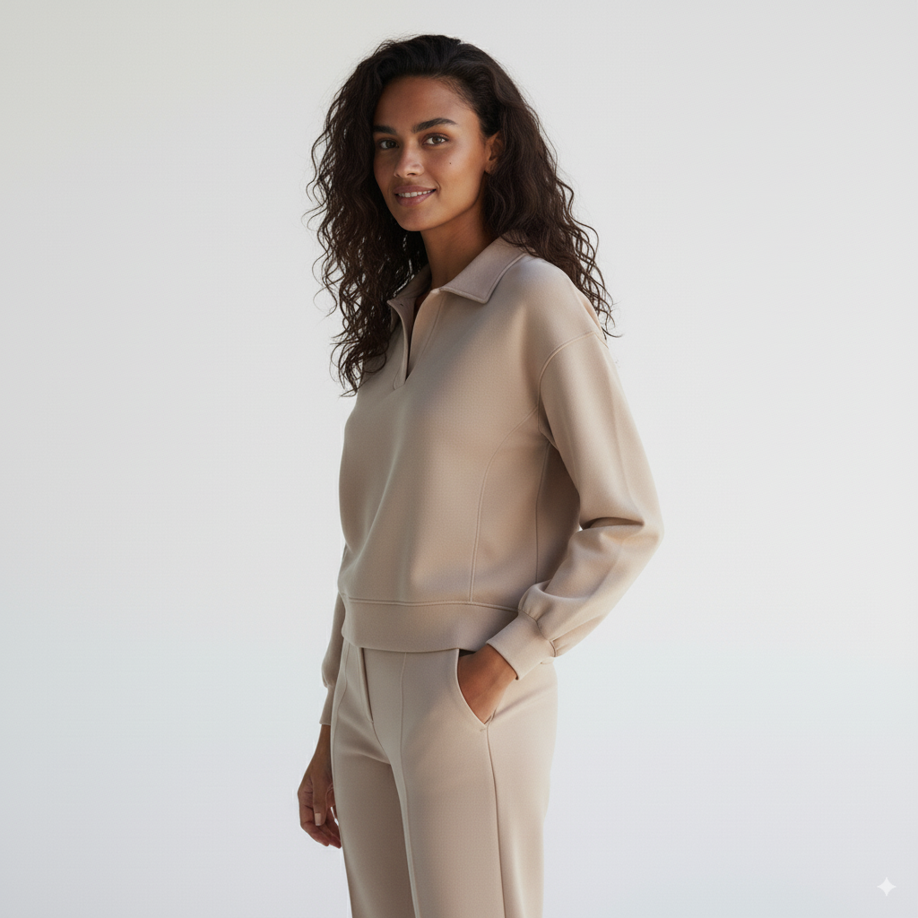 Umgee Exposed Seam Long Sleeve Polo Top with Side Slit