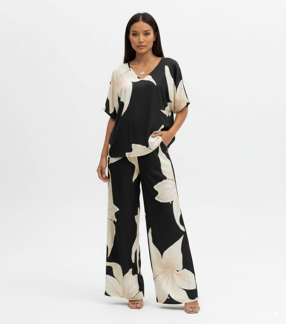 Printed V-Neck Top and Pants Set