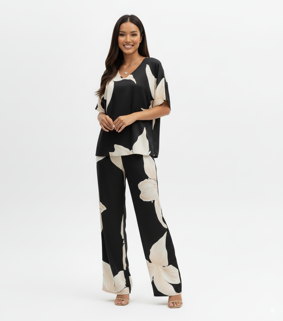 Printed V-Neck Top and Pants Set
