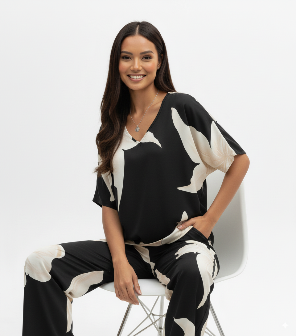 Printed V-Neck Top and Pants Set