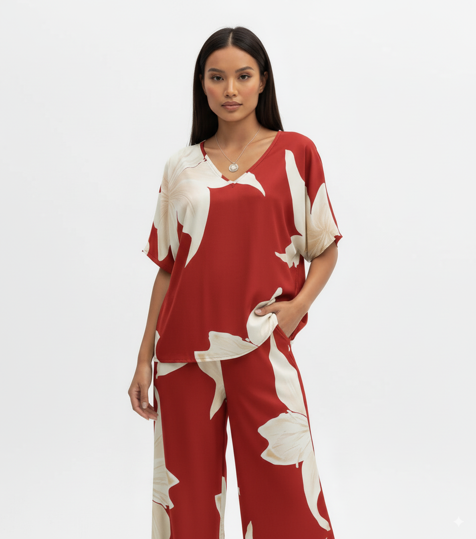 Printed V-Neck Top and Pants Set