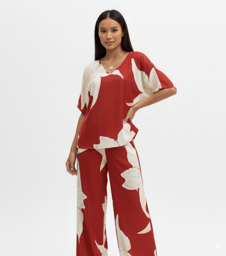 Printed V-Neck Top and Pants Set