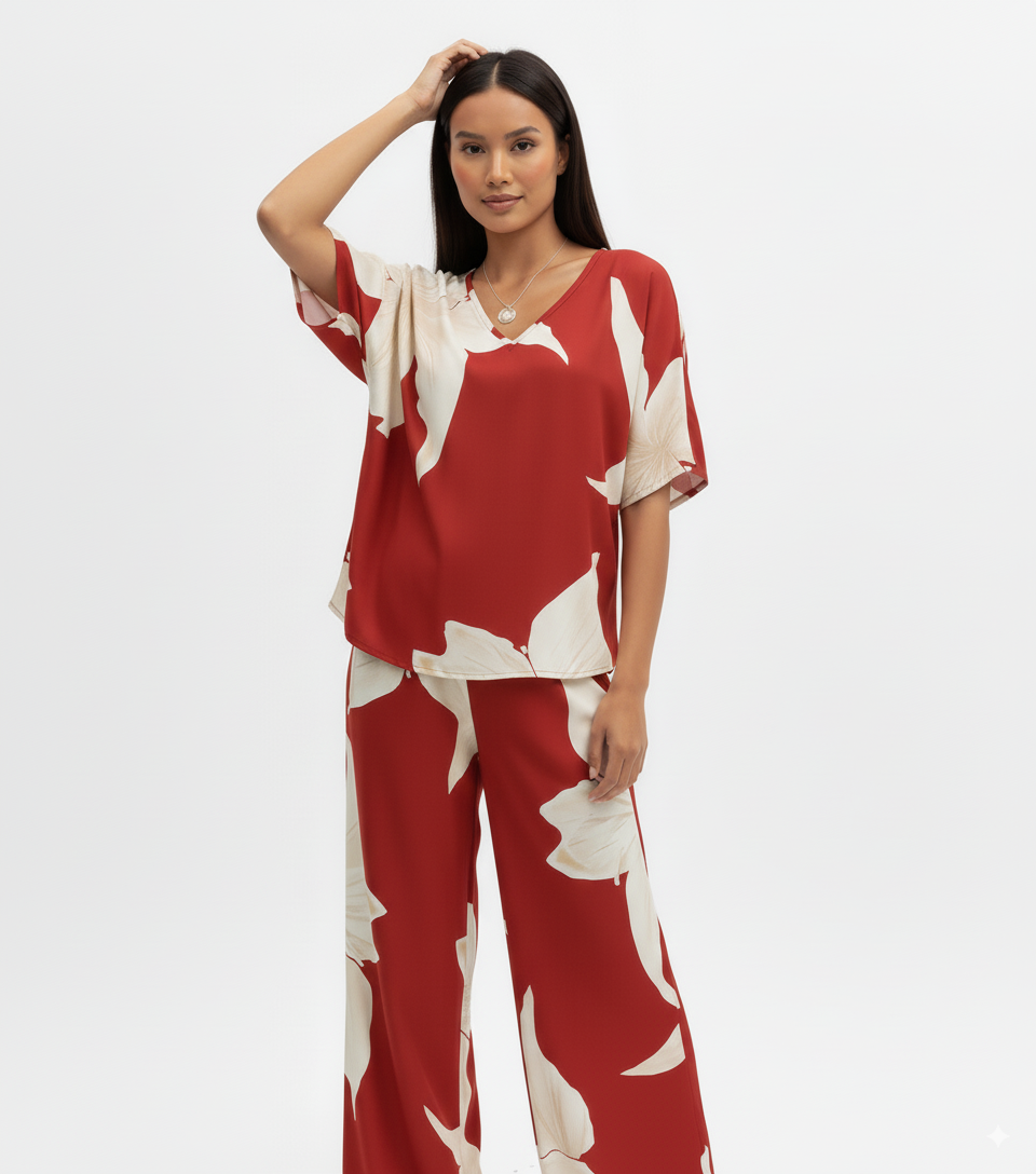 Printed V-Neck Top and Pants Set