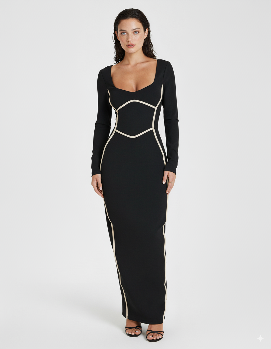 Contrast Trim Long Sleeve Bodycon Maxi Dress