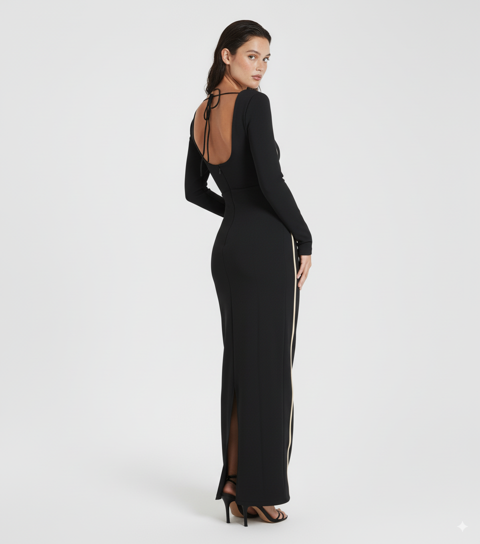 Contrast Trim Long Sleeve Bodycon Maxi Dress
