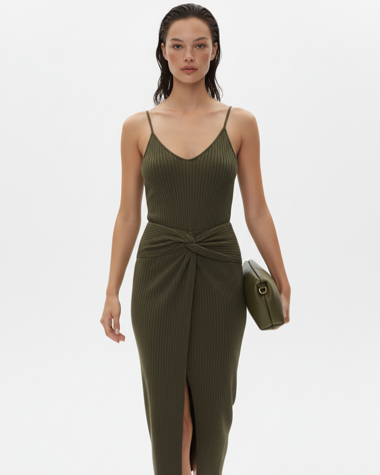 Ribbed Wrap Midi Dress with Side Slit