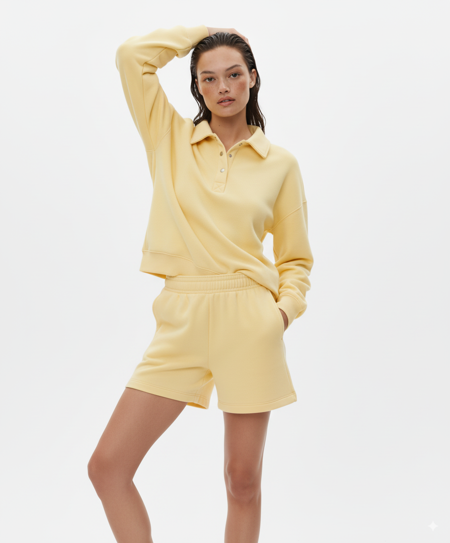 Button Collar Drop Shoulder Top and Shorts 2pcs Set