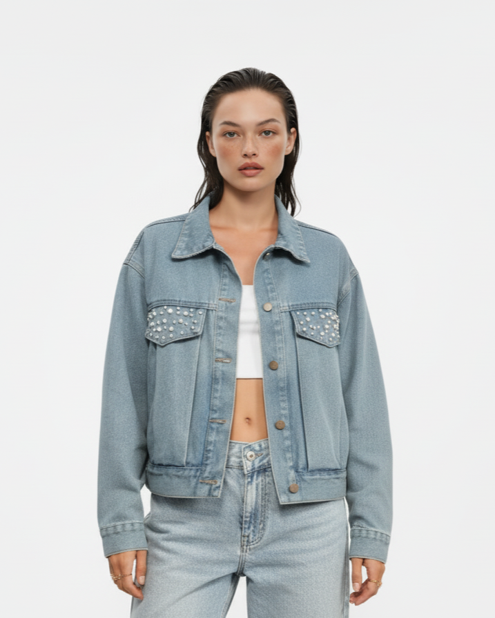 Rhinestone & Peal Trim Button Down Long Sleeve Denim Jacket