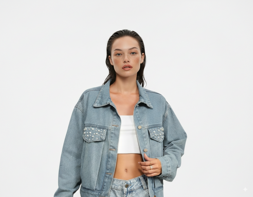 Rhinestone & Peal Trim Button Down Long Sleeve Denim Jacket