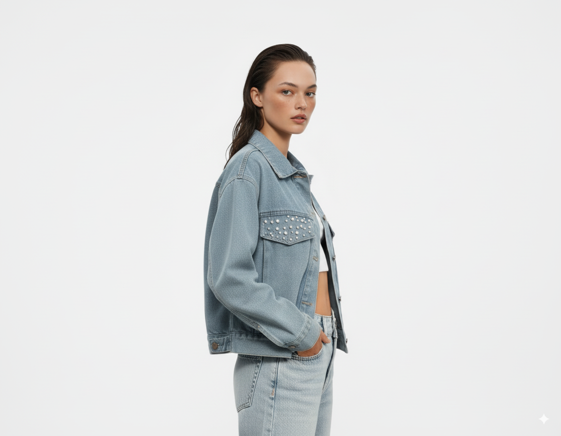 Rhinestone & Peal Trim Button Down Long Sleeve Denim Jacket
