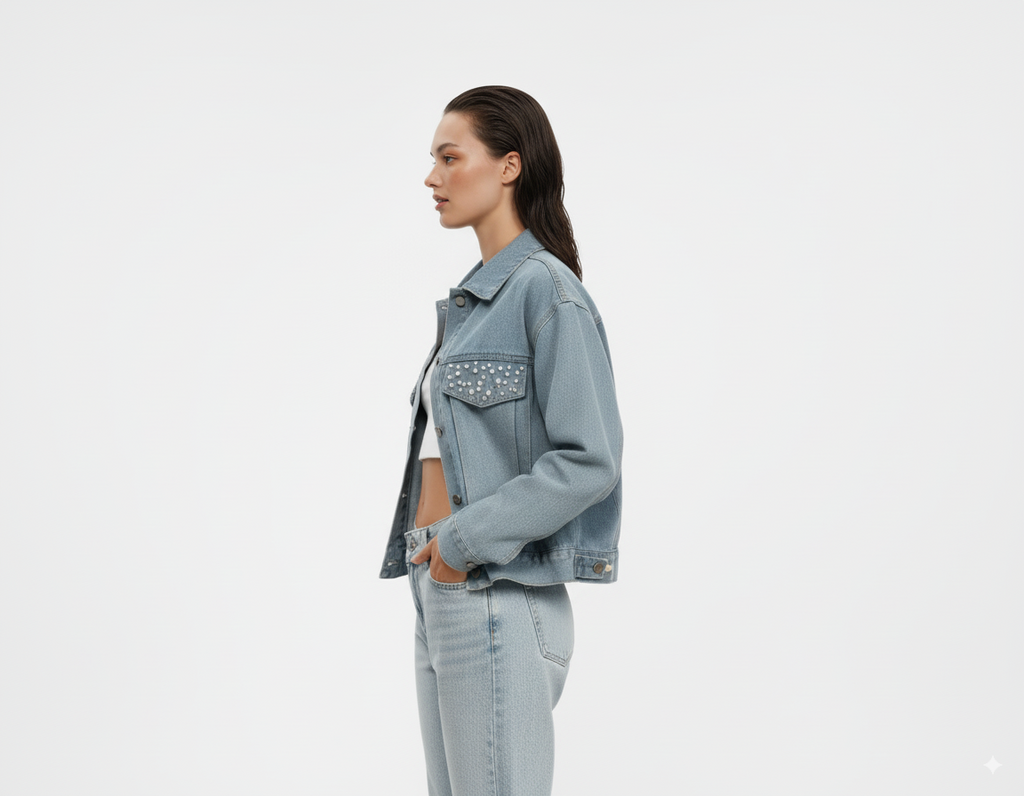 Rhinestone & Peal Trim Button Down Long Sleeve Denim Jacket