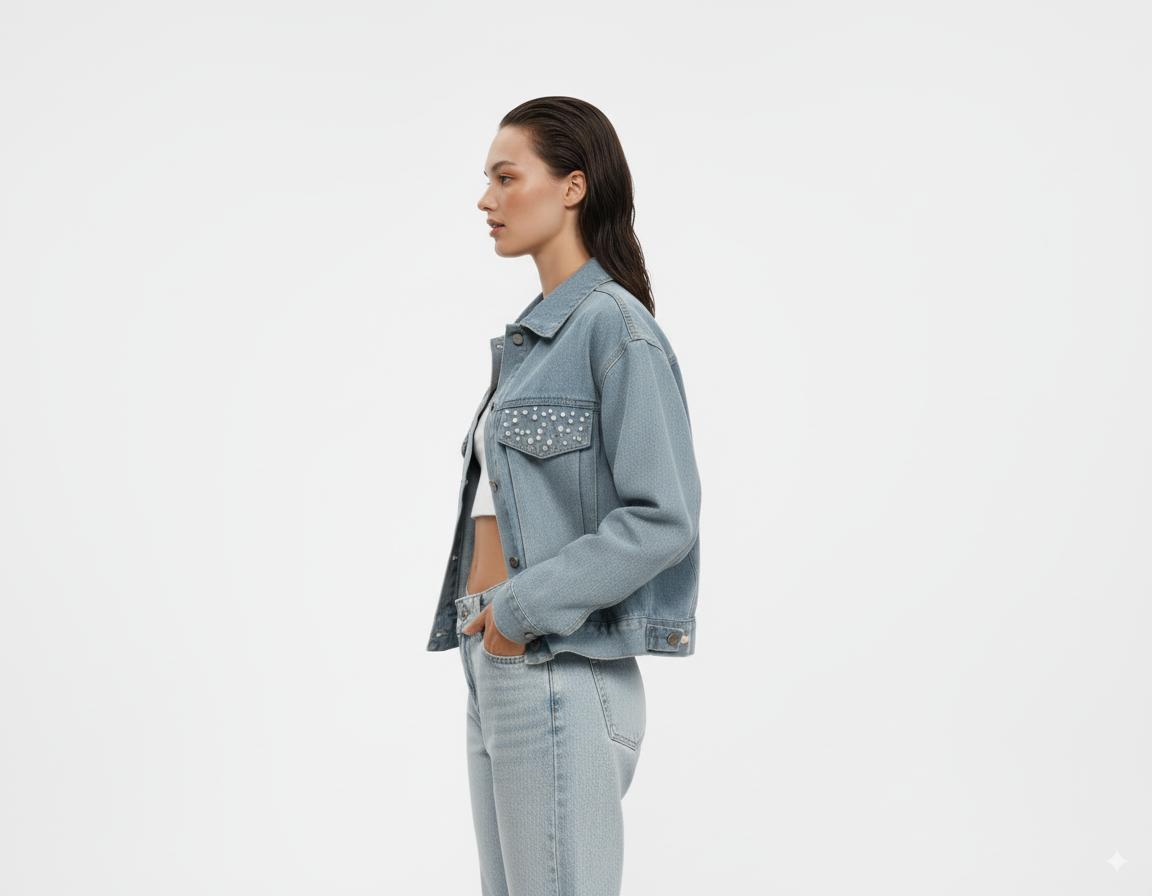 Rhinestone & Peal Trim Button Down Long Sleeve Denim Jacket