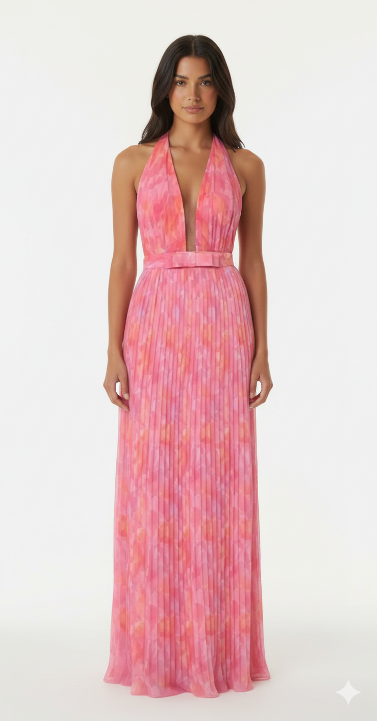 Halter Neck Pleated Maxi Dress