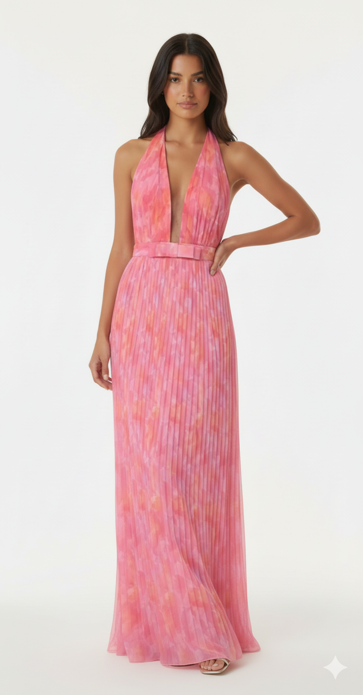 Halter Neck Pleated Maxi Dress