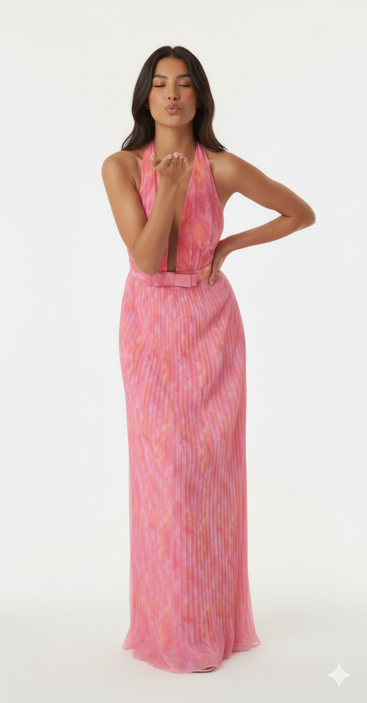 Halter Neck Pleated Maxi Dress