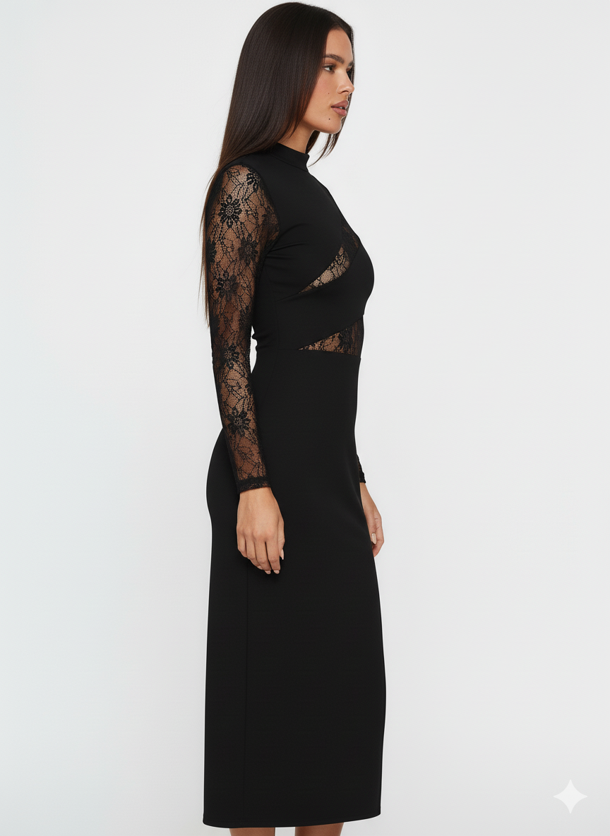 Lace Mock Neck Slit Dress