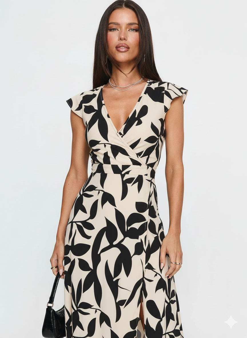 Printed Surplice Wrap Midi Dress
