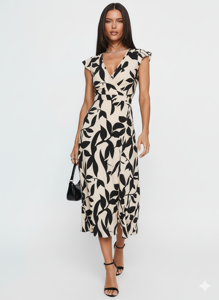 Printed Surplice Wrap Midi Dress