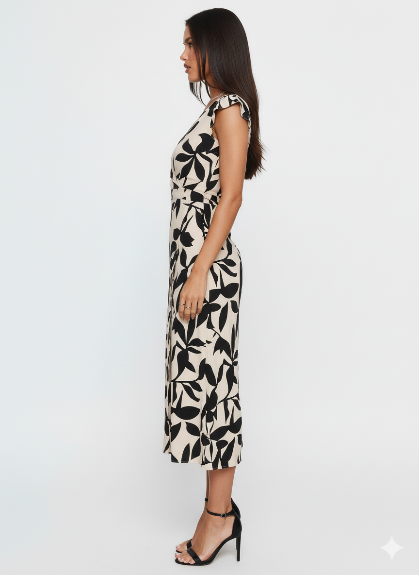 Printed Surplice Wrap Midi Dress