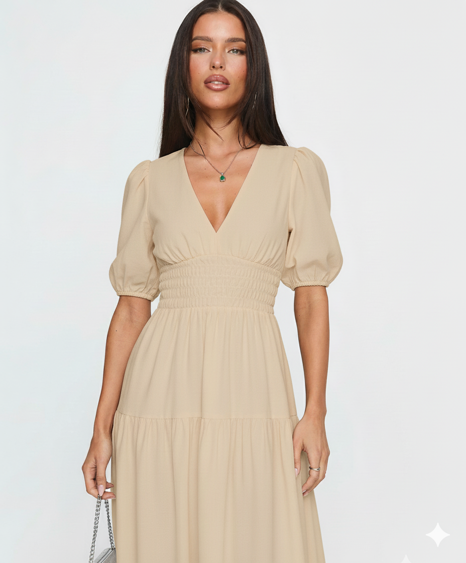 Tiered Surplice Half Sleeve Midi Dress