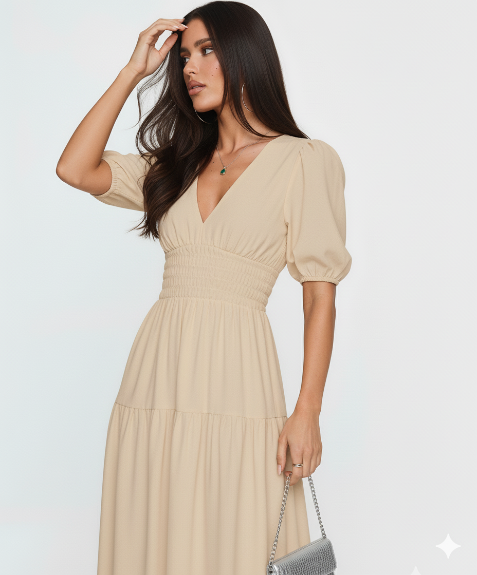 Tiered Surplice Half Sleeve Midi Dress