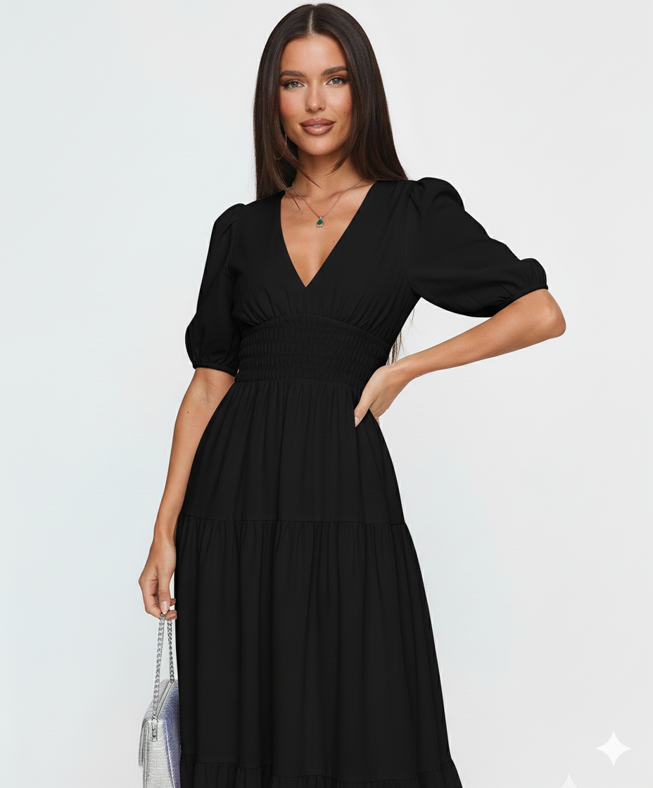 Tiered Surplice Half Sleeve Midi Dress