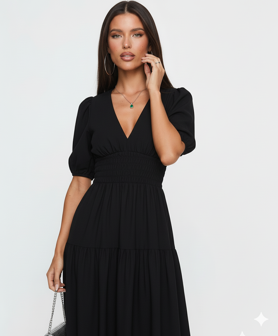 Tiered Surplice Half Sleeve Midi Dress