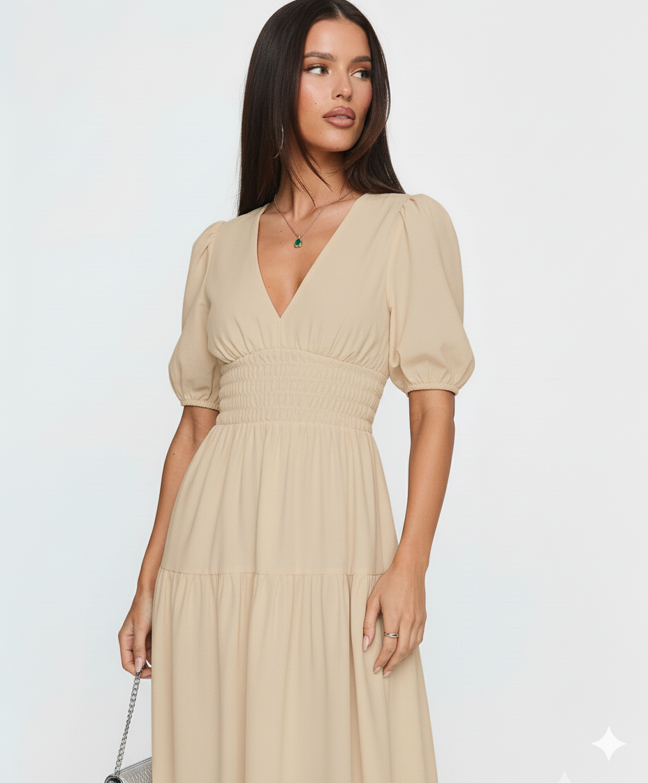 Tiered Surplice Half Sleeve Midi Dress
