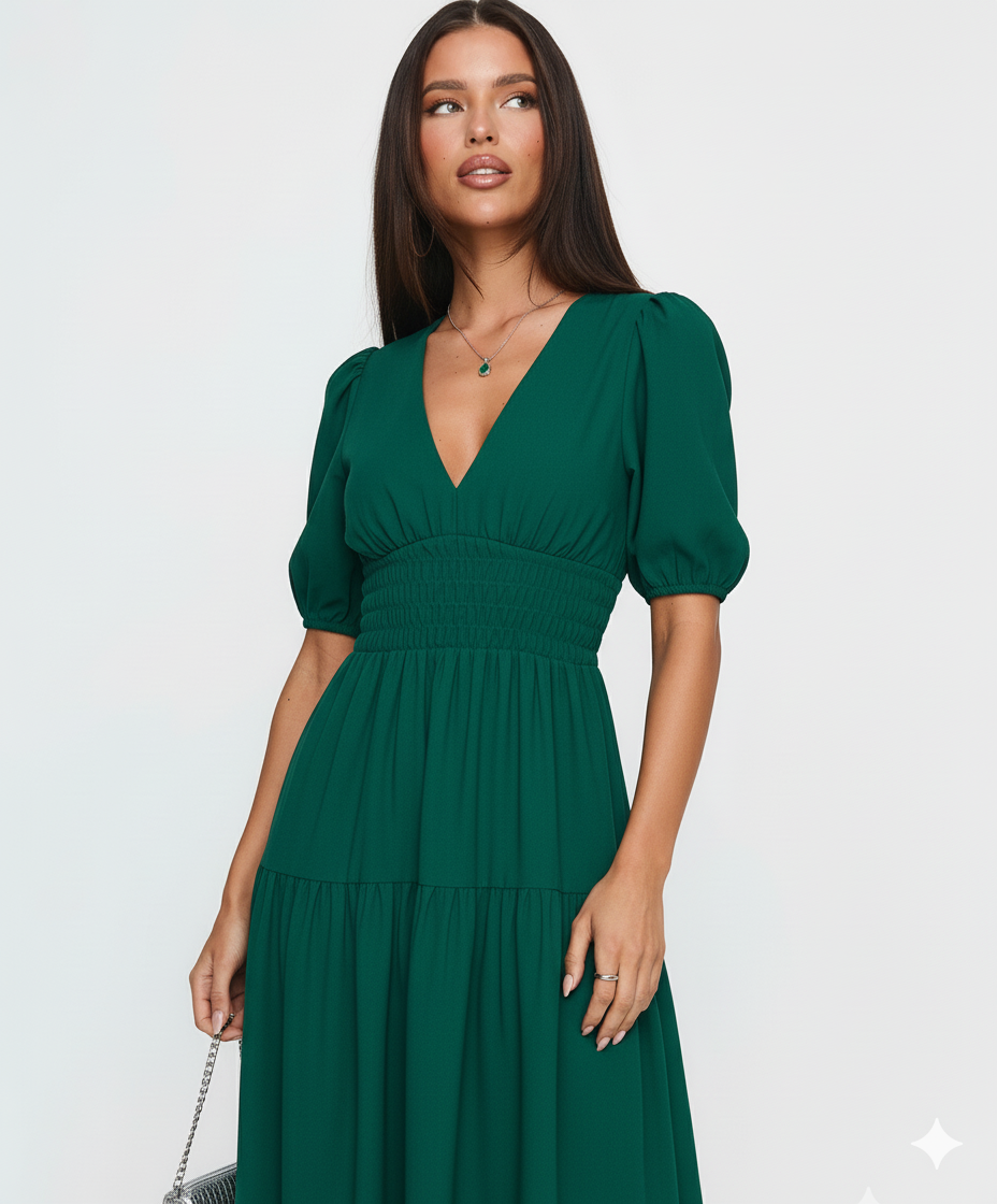 Tiered Surplice Half Sleeve Midi Dress