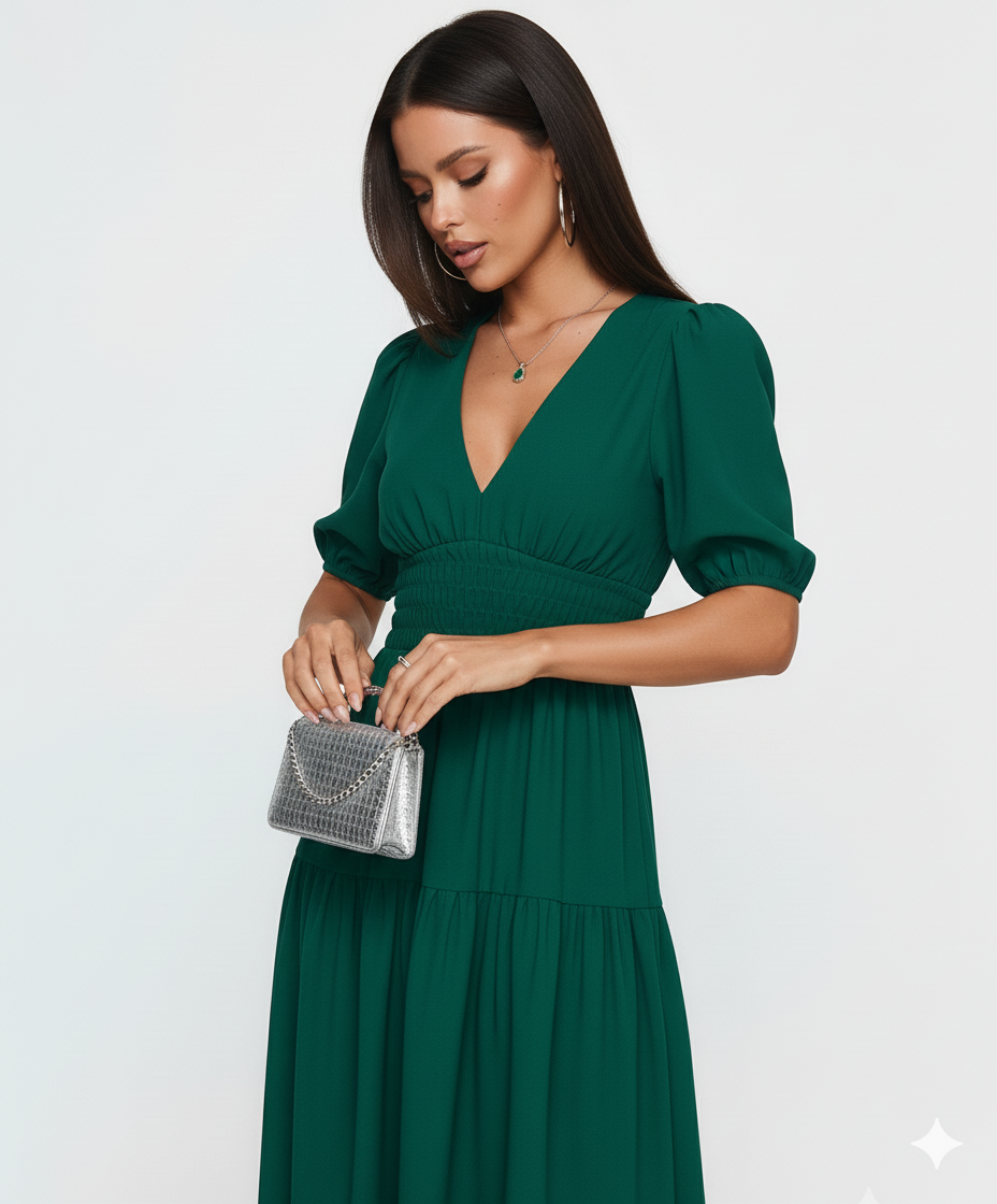 Tiered Surplice Half Sleeve Midi Dress