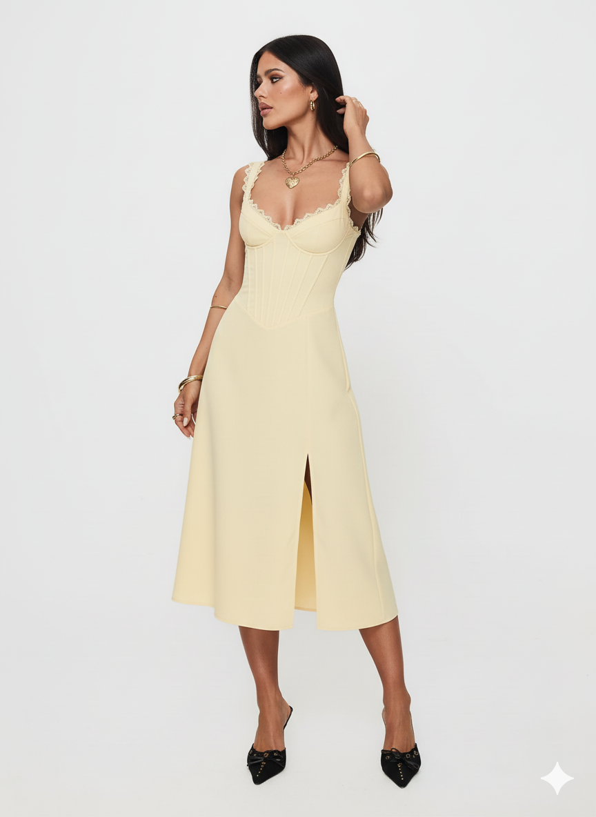 Scalloped V-Neck Midi Dress with Back Lace-Up