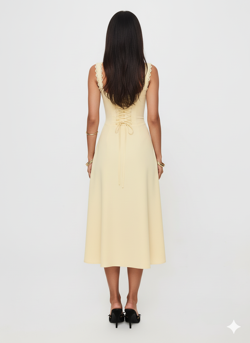 Scalloped V-Neck Midi Dress with Back Lace-Up