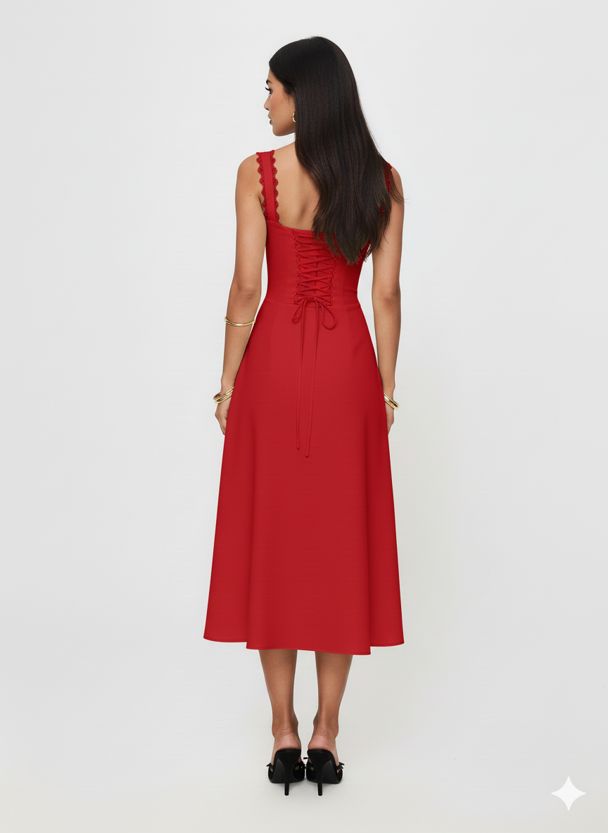 Scalloped V-Neck Midi Dress with Back Lace-Up